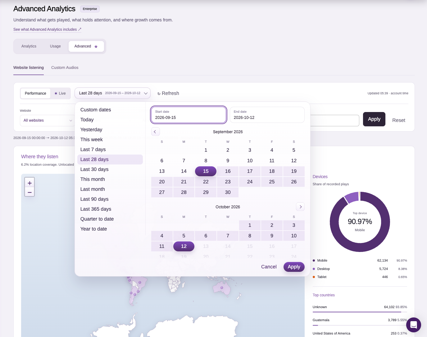 GSpeech Advanced Analytics custom date calendar with start and end dates, preset periods, two months and Apply controls.